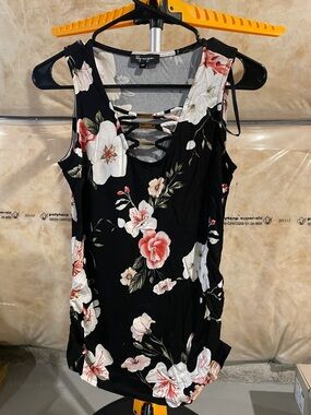 Floral Lace-Up Tank Dress - Black with Pink & White Flowers